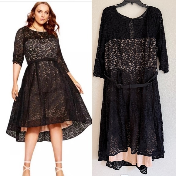 City Chic Dresses & Skirts - City Chic Plus Size Lace Lover Black High Low Dress Midi Belt